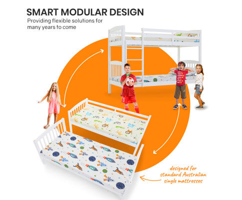 Kingston Slumber Wooden Kids Bunk Bed Frame, with Modular Design that can convert to 2 Single